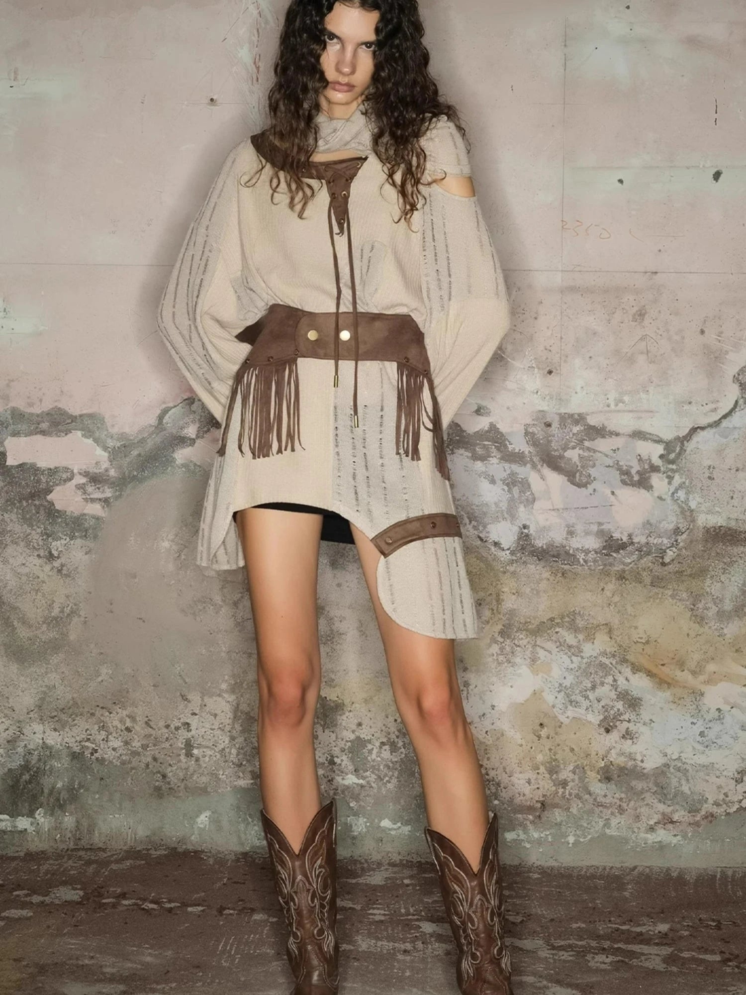 Distressed Mesh Knit Sweater With Scarf