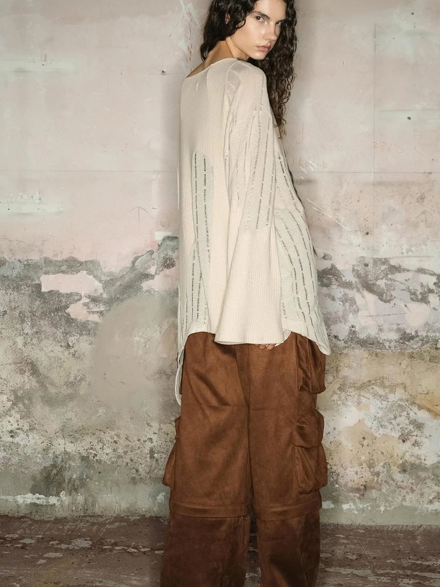 Distressed Mesh Knit Sweater With Scarf