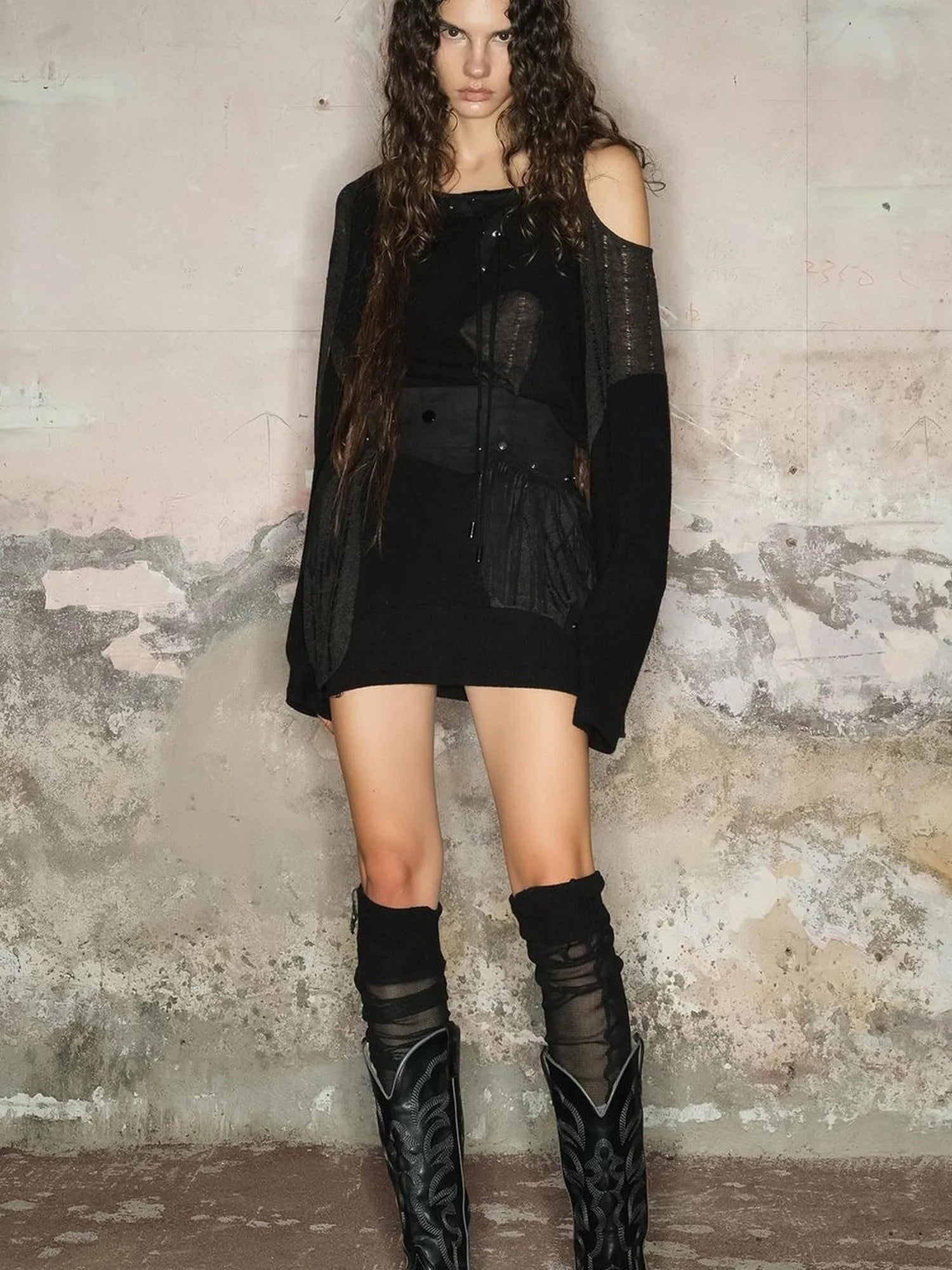 Distressed Mesh Knit Sweater With Scarf