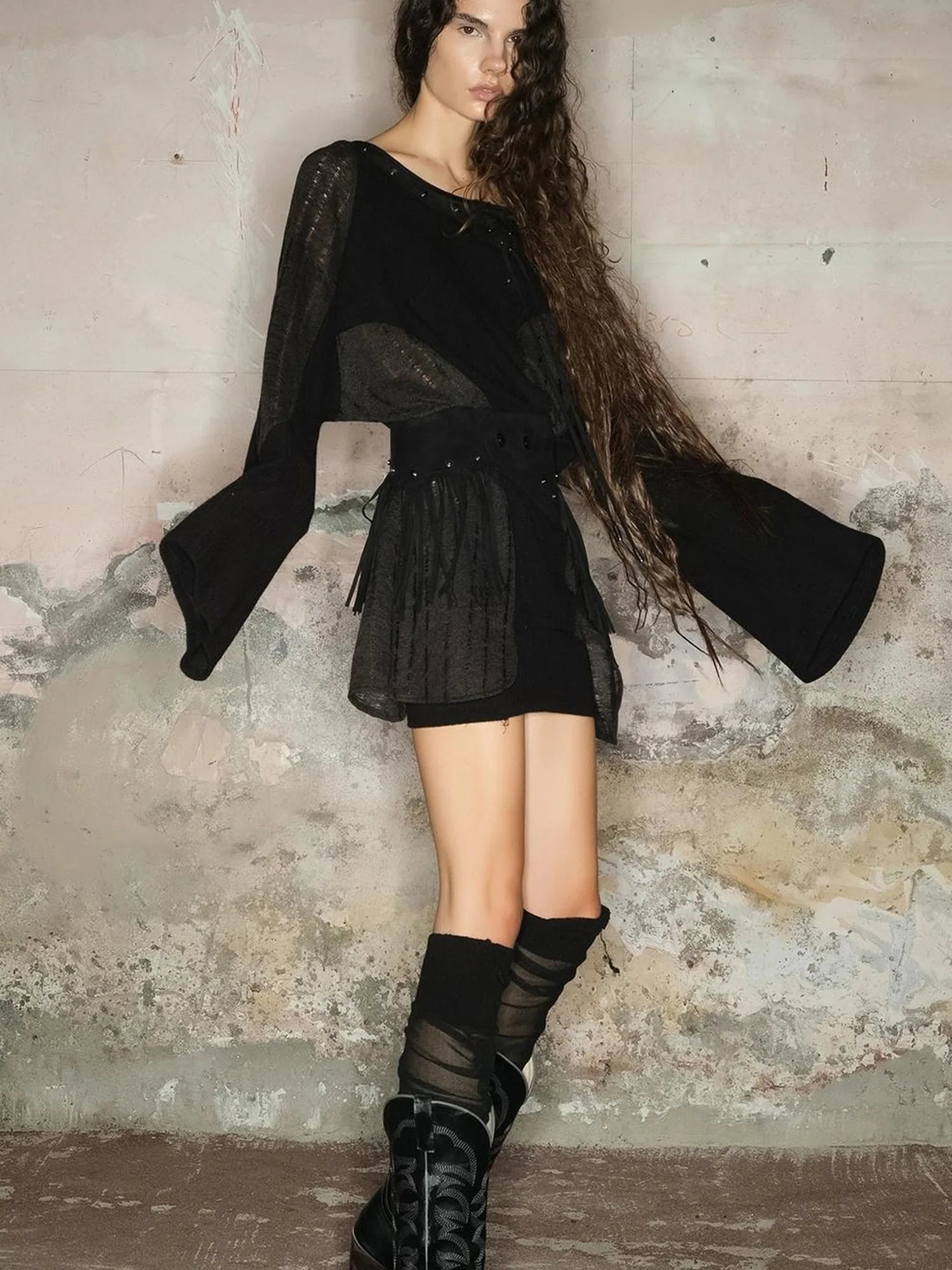 Distressed Mesh Knit Sweater With Scarf