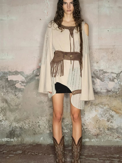 Distressed Mesh Knit Sweater With Scarf