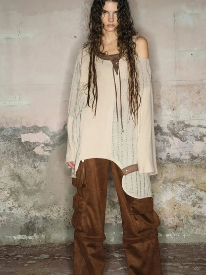 Distressed Mesh Knit Sweater With Scarf