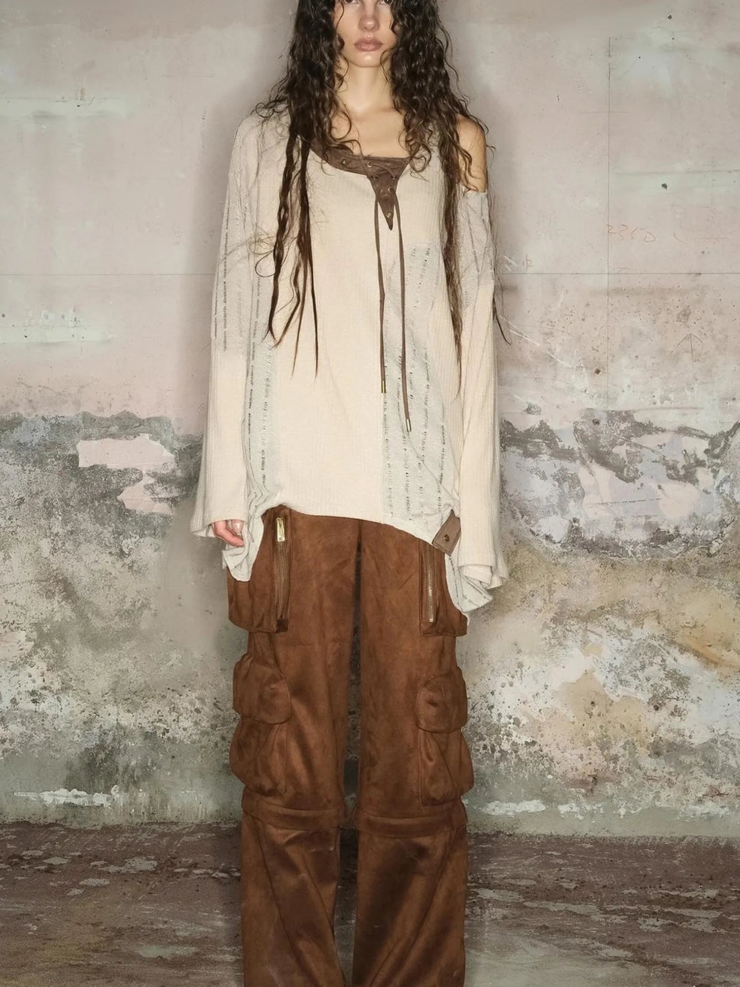 Distressed Mesh Knit Sweater With Scarf