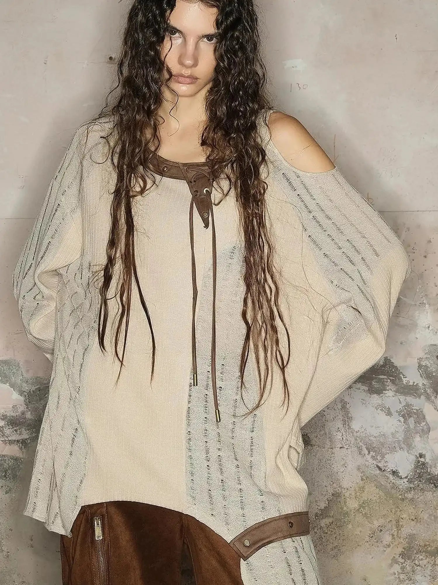 Distressed Mesh Knit Sweater With Scarf