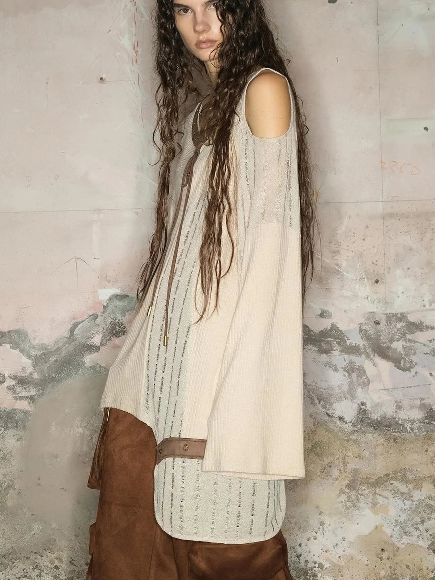 Distressed Mesh Knit Sweater With Scarf