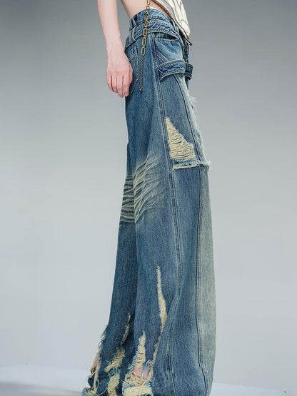 NN NORTH NODE Distressed Pulled Denim Jeans With Ripped Details