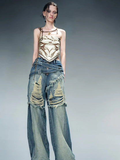 Distressed Pulled Denim Jeans With Ripped Details
