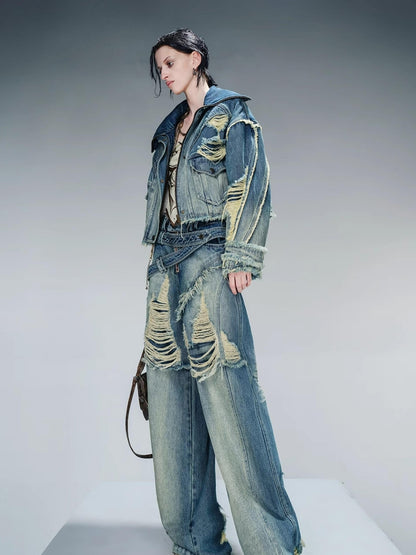 NN NORTH NODE Distressed Pulled Denim Jeans With Ripped Details