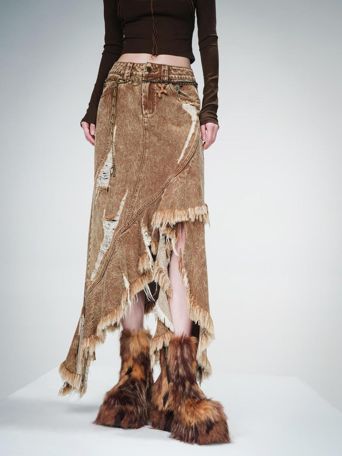 UpdateNN NORTH NODE Distressed Raw Hem Denim Skirt With Asymmetrical Flounce
