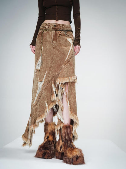 UpdateNN NORTH NODE Distressed Raw Hem Denim Skirt With Asymmetrical Flounce