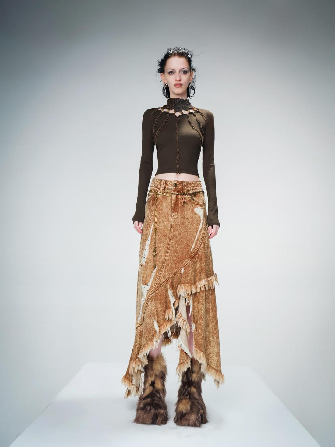 UpdateNN NORTH NODE Distressed Raw Hem Denim Skirt With Asymmetrical Flounce