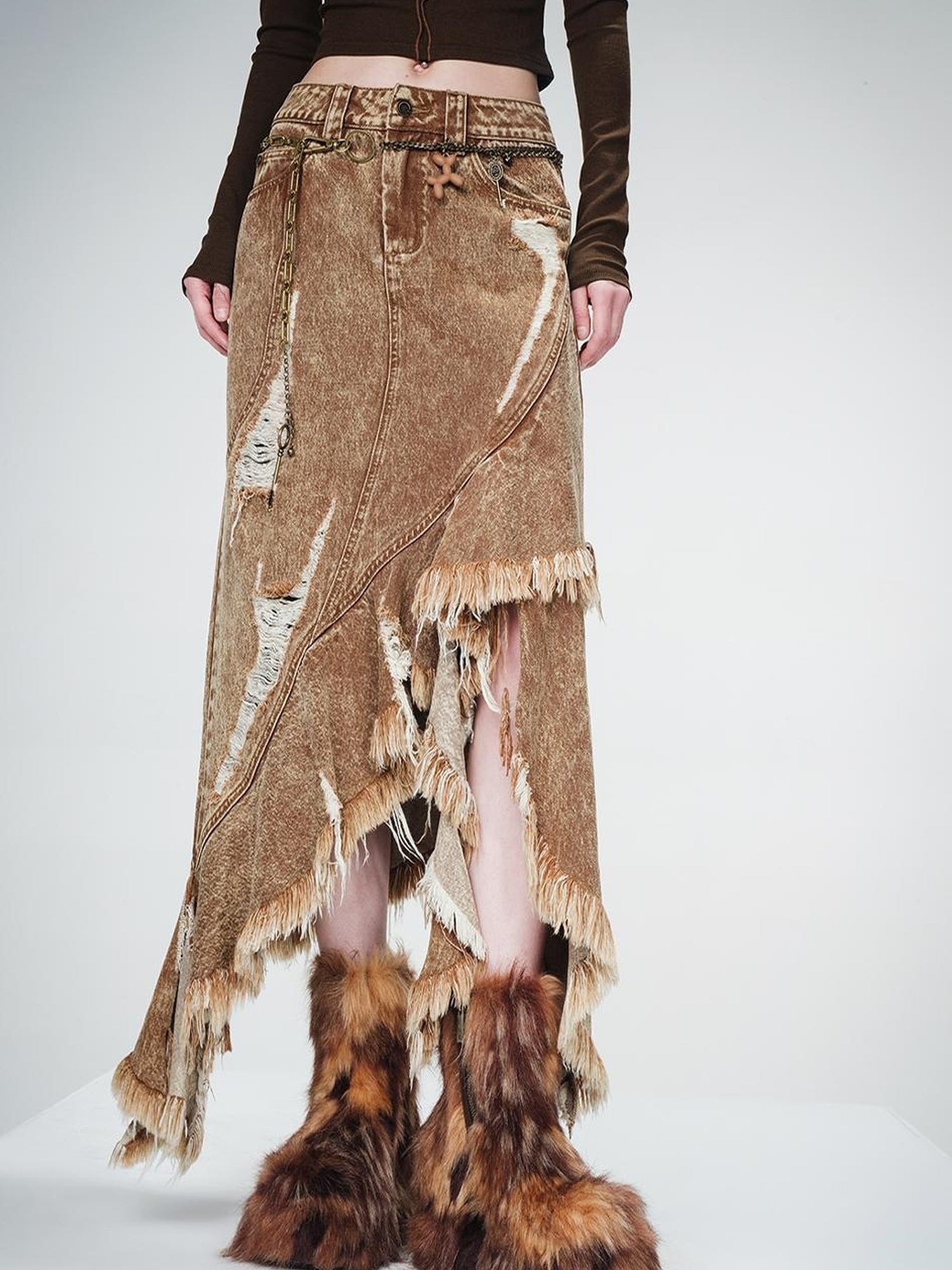 UpdateNN NORTH NODE Distressed Raw Hem Denim Skirt With Asymmetrical Flounce