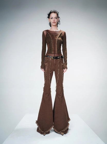 Distressed Slim Fit Flared Denim Trousers