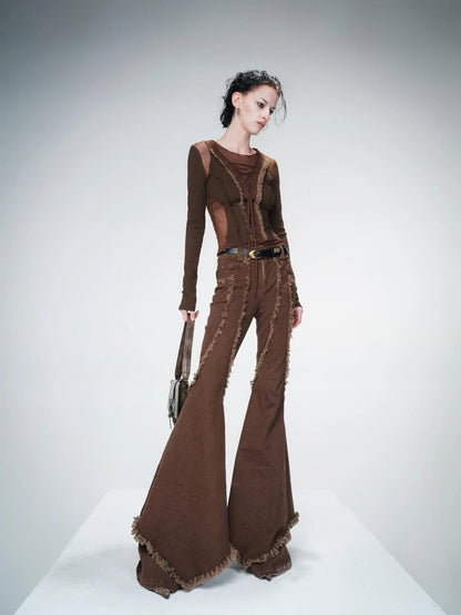 Distressed Slim Fit Flared Denim Trousers