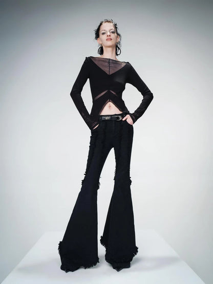 Distressed Slim Fit Flared Denim Trousers