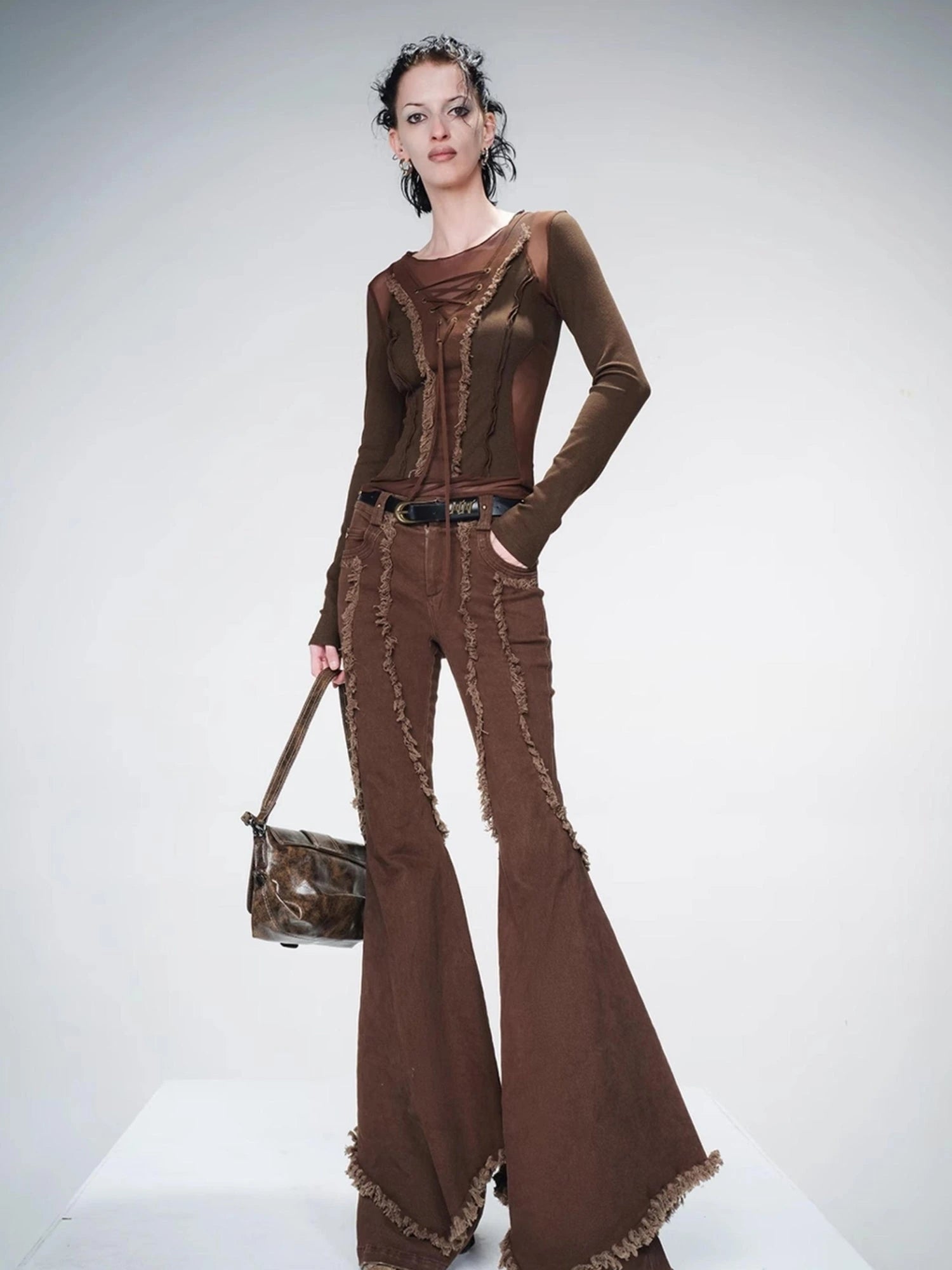 Distressed Slim Fit Flared Denim Trousers