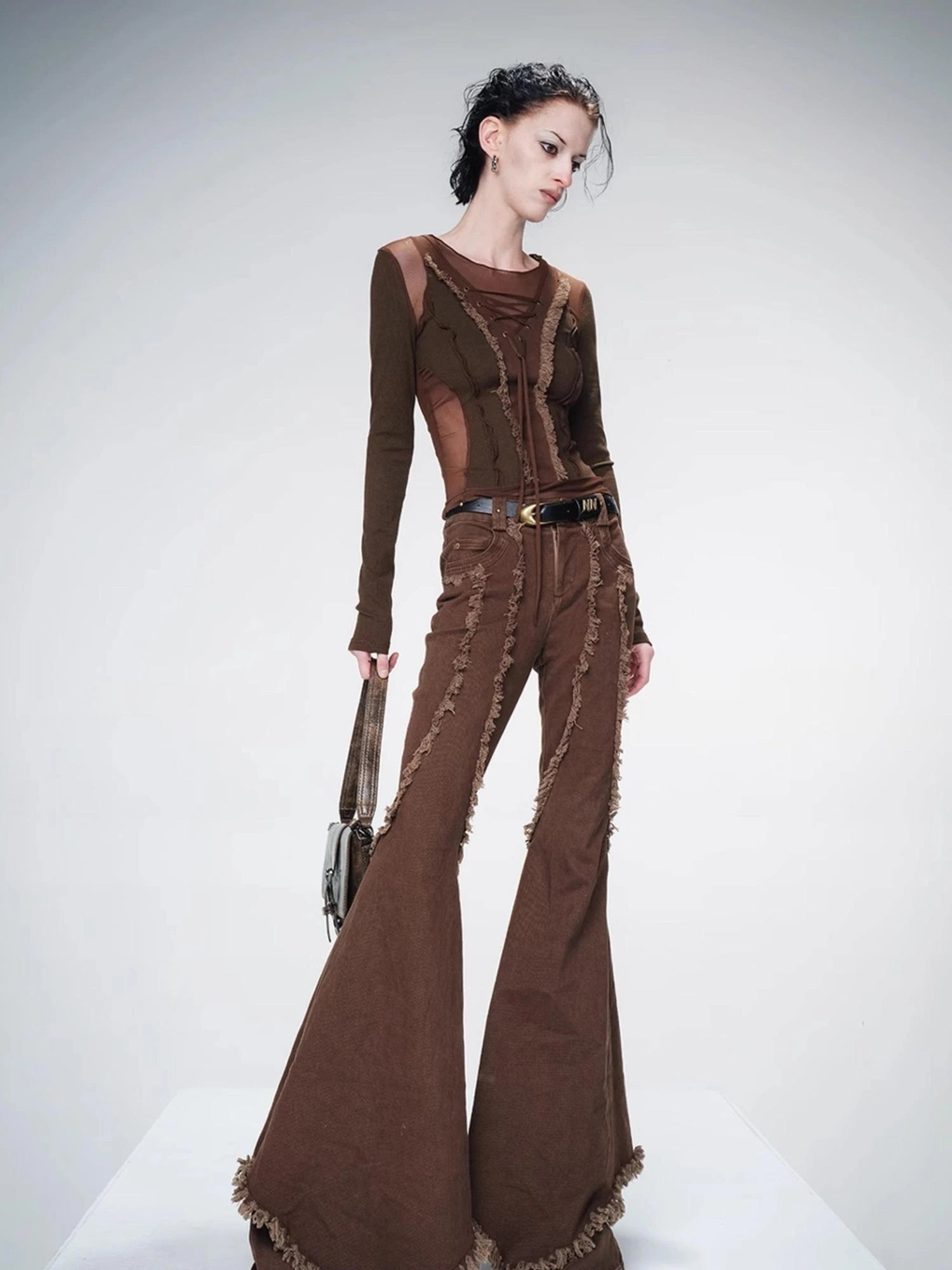 Distressed Slim Fit Flared Denim Trousers