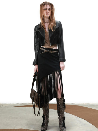 UpdateNN NORTH NODE Distressed Suede Fringe Cropped Leather Jacket