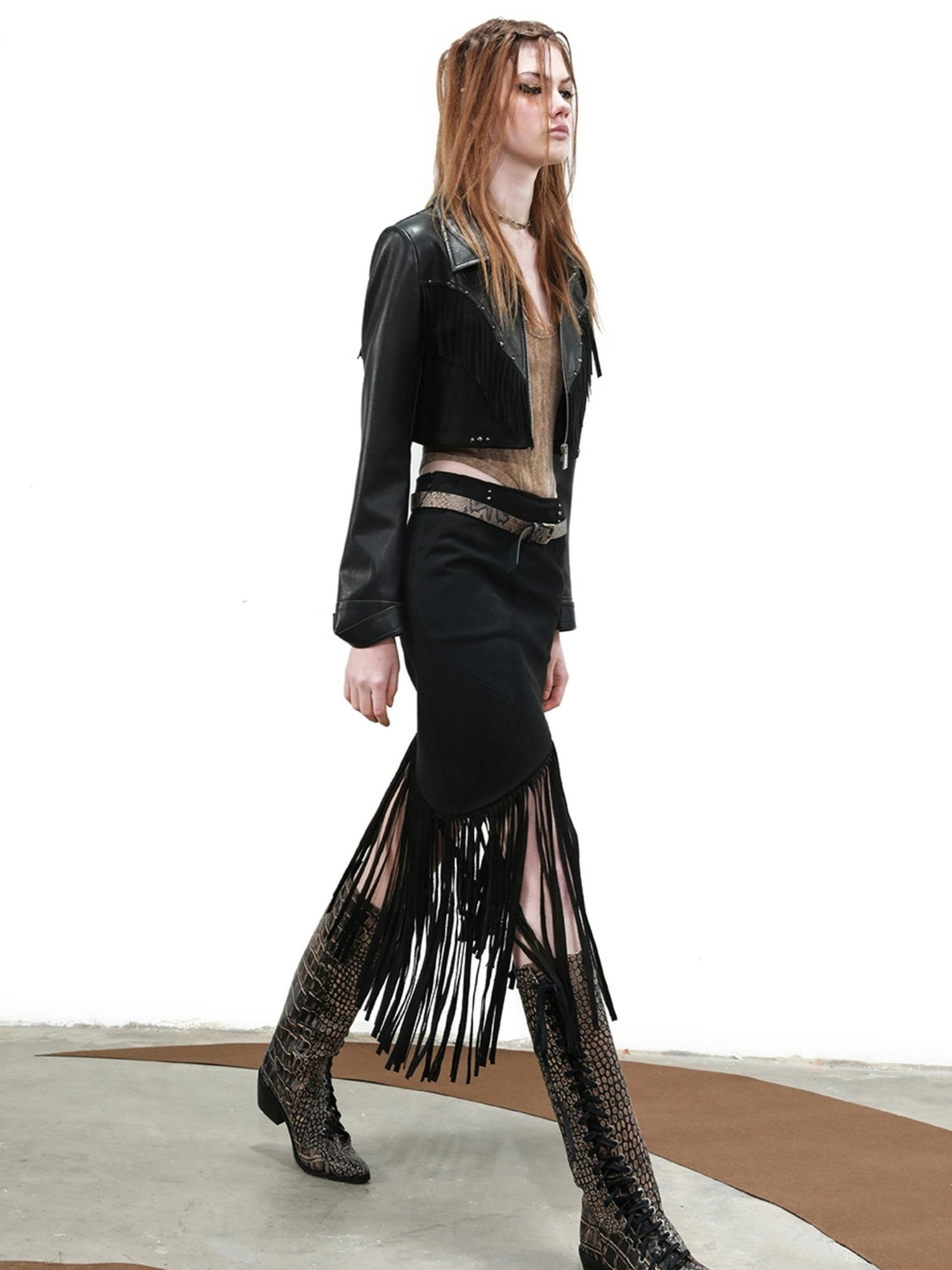 UpdateNN NORTH NODE Distressed Suede Fringe Cropped Leather Jacket