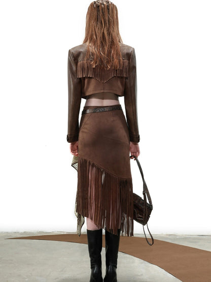 UpdateNN NORTH NODE Distressed Suede Fringe Cropped Leather Jacket