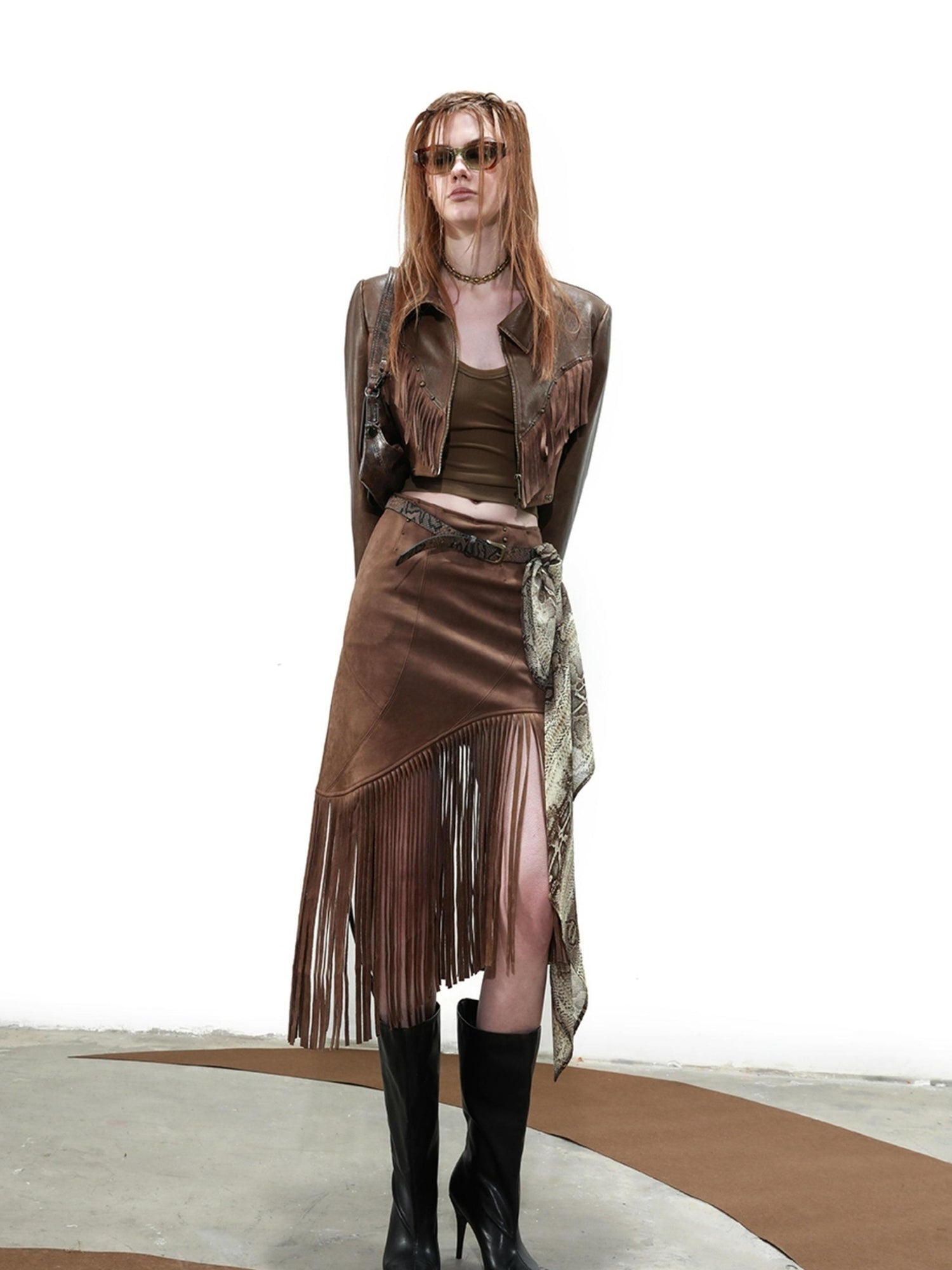UpdateNN NORTH NODE Distressed Suede Fringe Cropped Leather Jacket