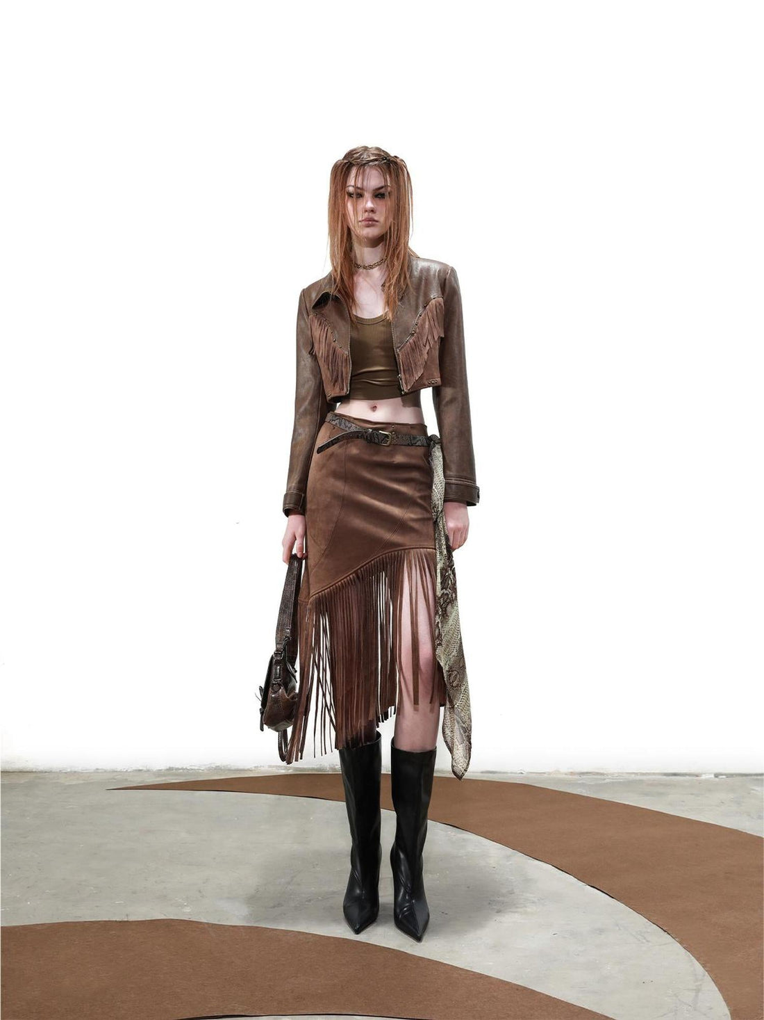 UpdateNN NORTH NODE Distressed Suede Fringe Cropped Leather Jacket