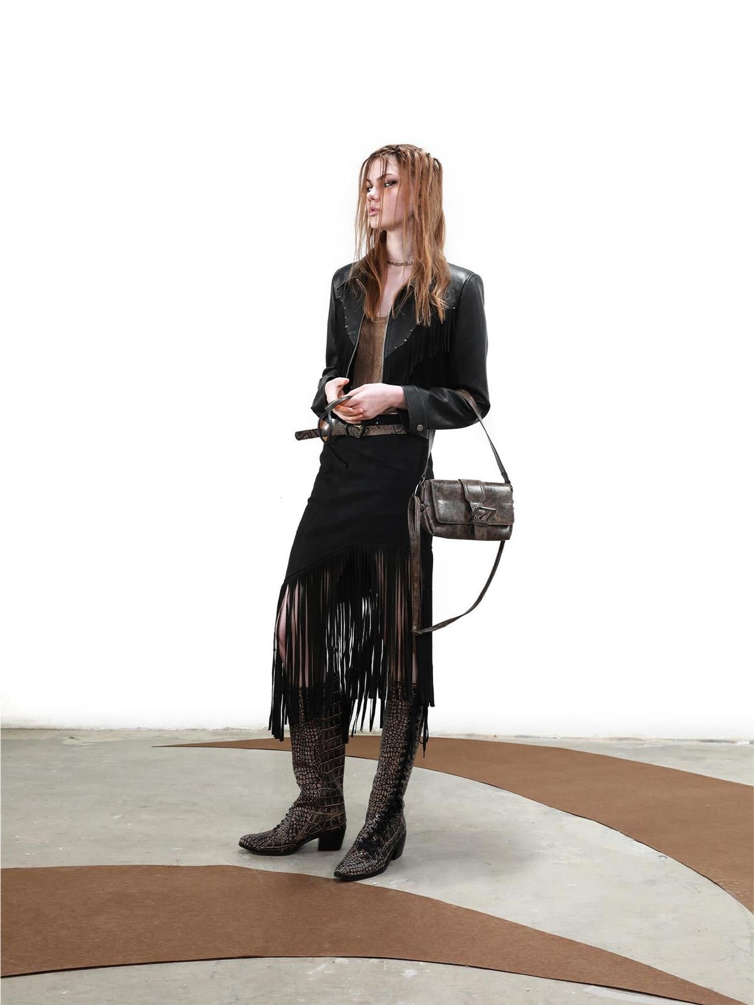 UpdateNN NORTH NODE Distressed Suede Fringe Cropped Leather Jacket