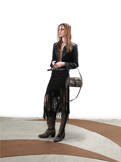 UpdateNN NORTH NODE Distressed Suede Fringe Cropped Leather Jacket
