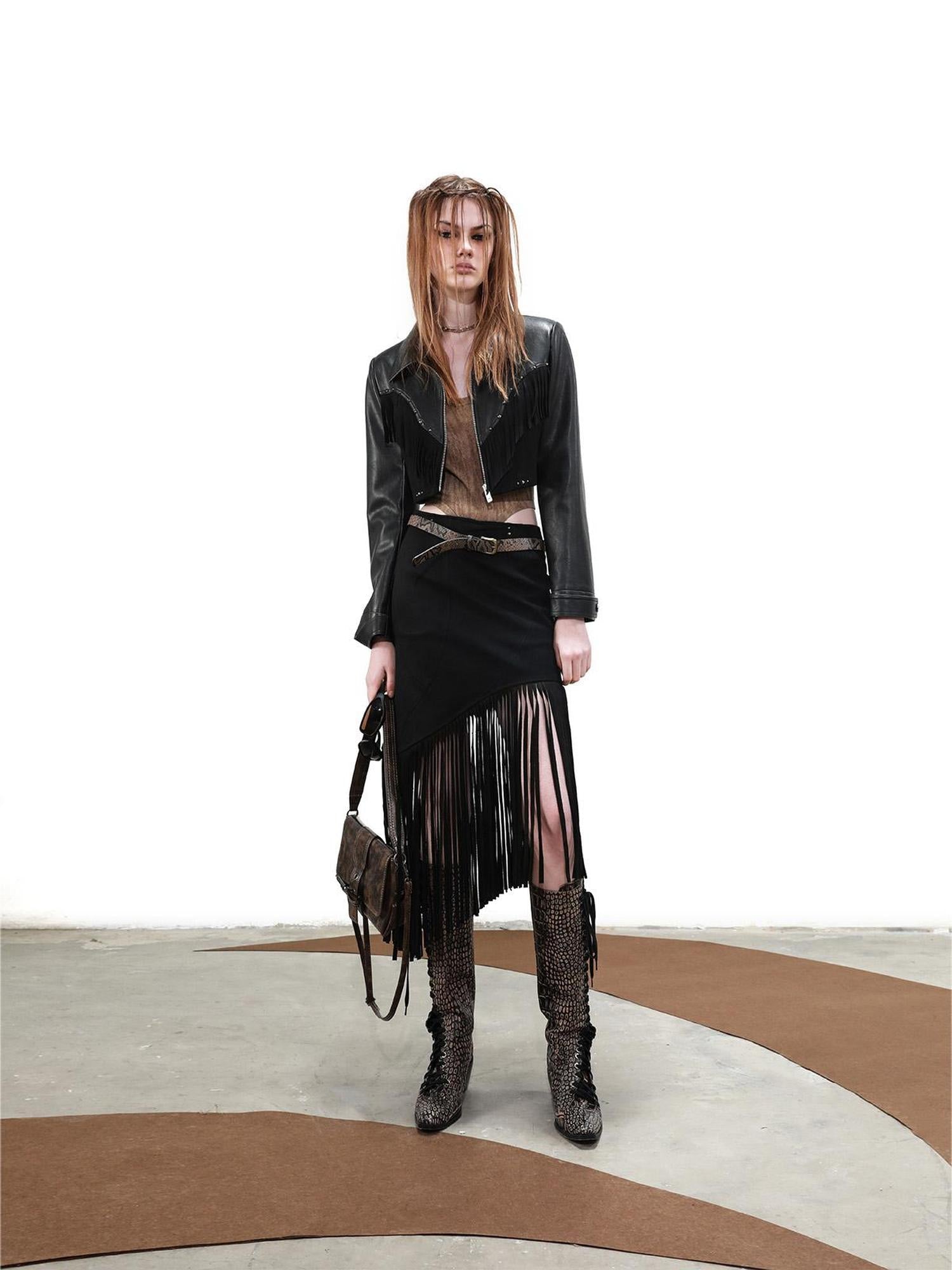 UpdateNN NORTH NODE Distressed Suede Fringe Cropped Leather Jacket