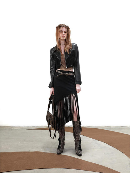 UpdateNN NORTH NODE Distressed Suede Fringe Cropped Leather Jacket