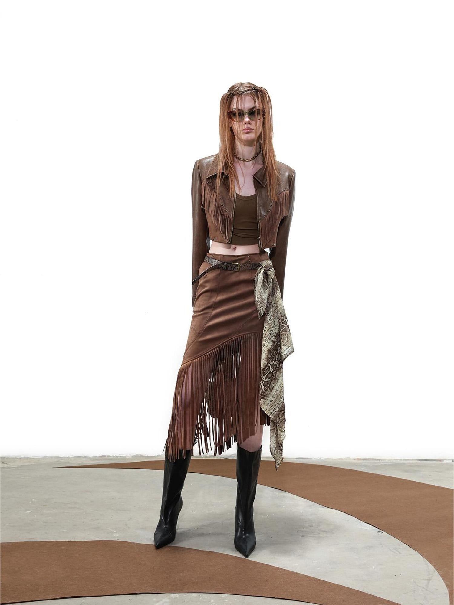 UpdateNN NORTH NODE Distressed Suede Fringe Cropped Leather Jacket