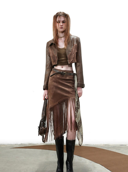 UpdateNN NORTH NODE Distressed Suede Fringe Cropped Leather Jacket