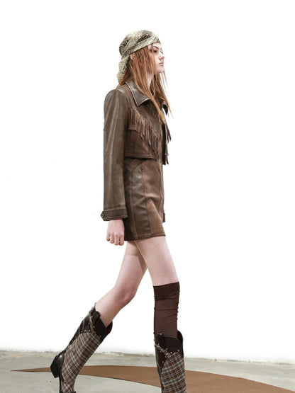 UpdateNN NORTH NODE Distressed Suede Fringe Cropped Leather Jacket