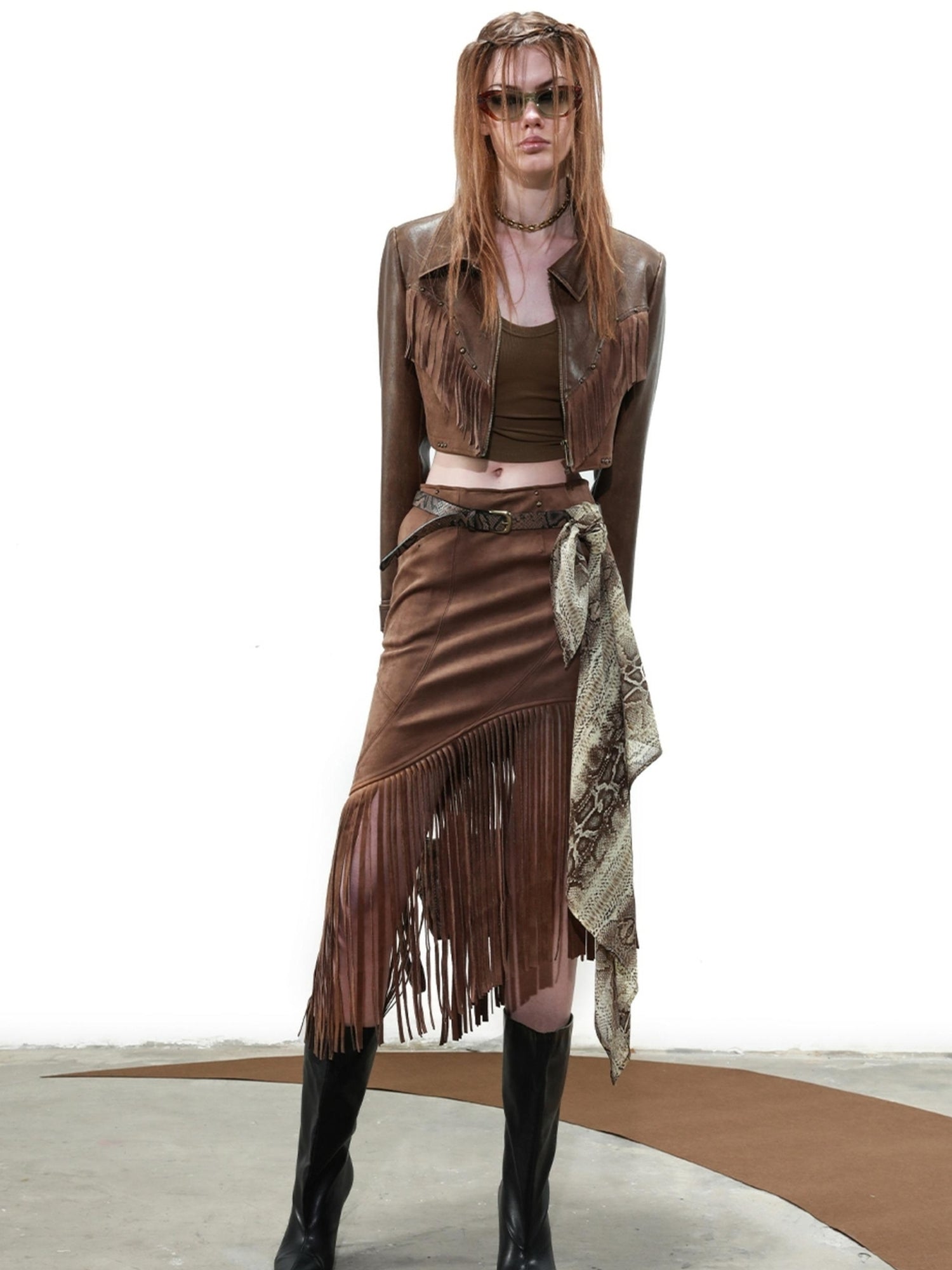 UpdateNN NORTH NODE Distressed Suede Fringe Cropped Leather Jacket