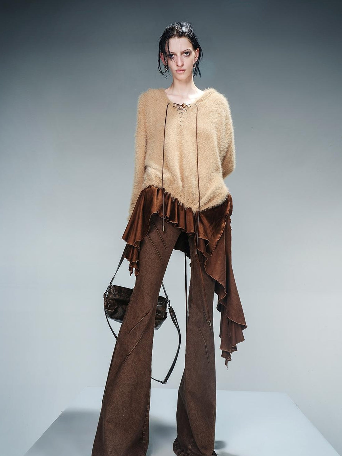 NN NORTH NODE Distressed Suede Panel Asymmetrical Knit Sweater