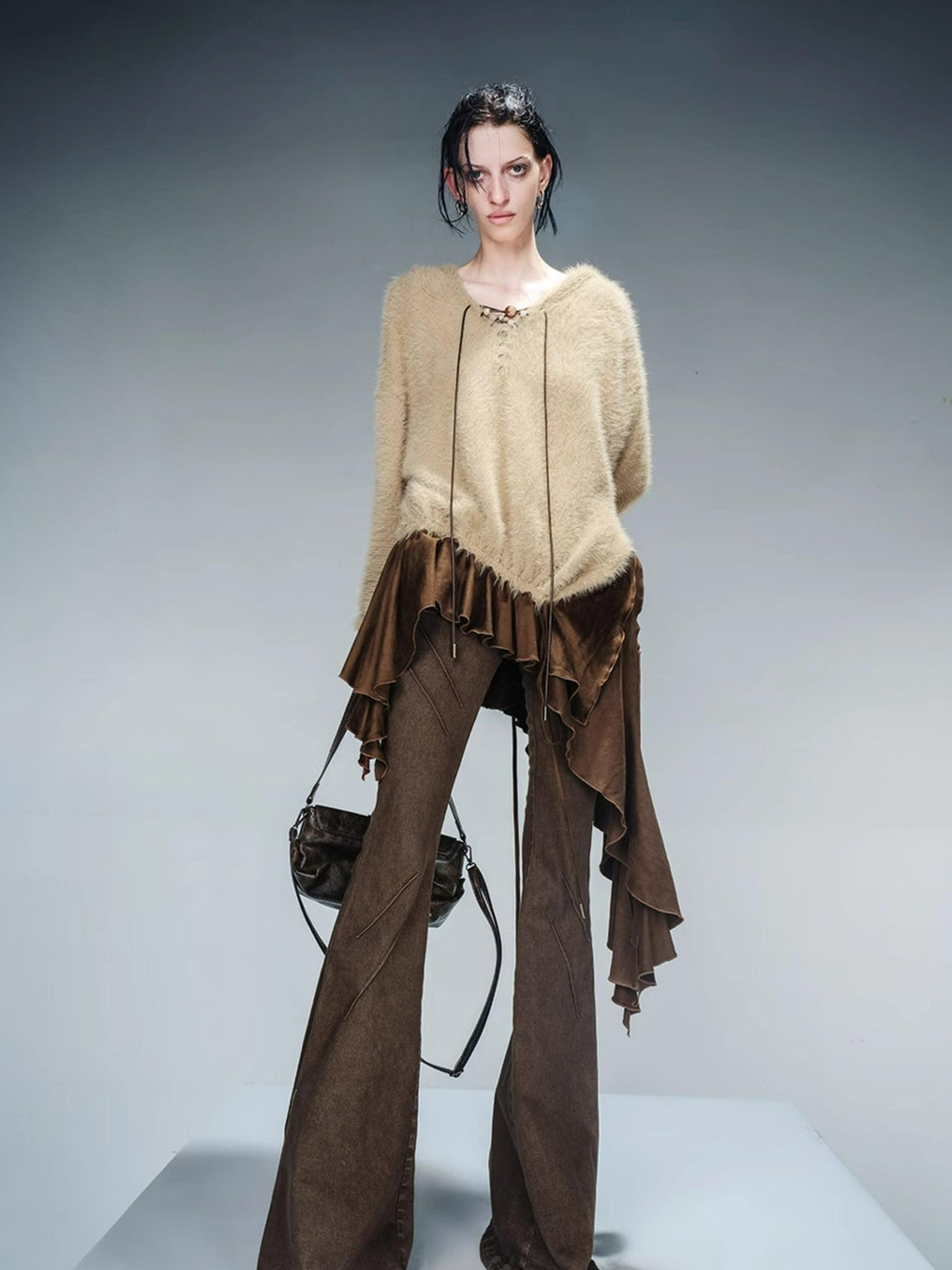 NN NORTH NODE Distressed Suede Panel Asymmetrical Knit Sweater
