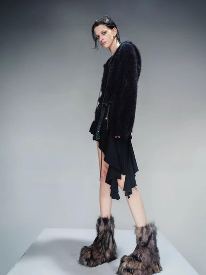NN NORTH NODE Distressed Suede Panel Asymmetrical Knit Sweater