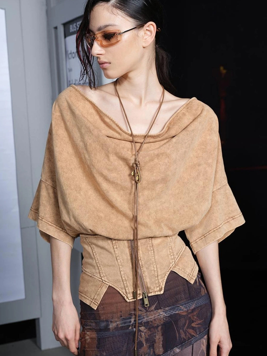 Distressed Waist Defining Zipper Tee