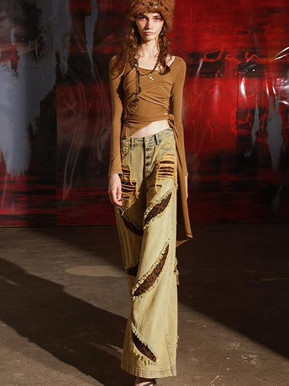 NN NORTH NODE Distressed Wash Overlap Neck Asymmetrical Top