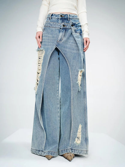 Double Layer Blue Jeans With Solemn Penetration Effect