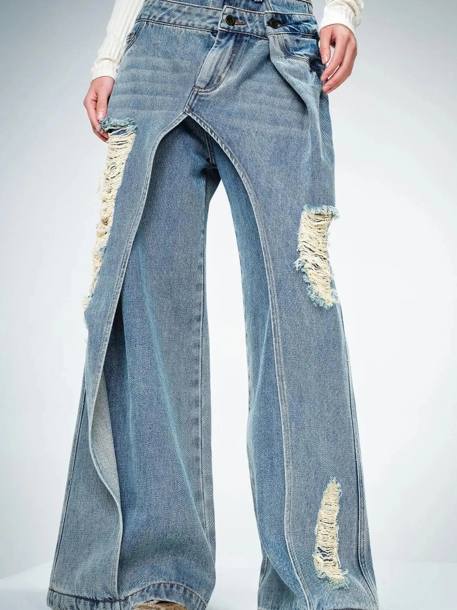Double Layer Blue Jeans With Solemn Penetration Effect