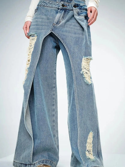 Double Layer Blue Jeans With Solemn Penetration Effect