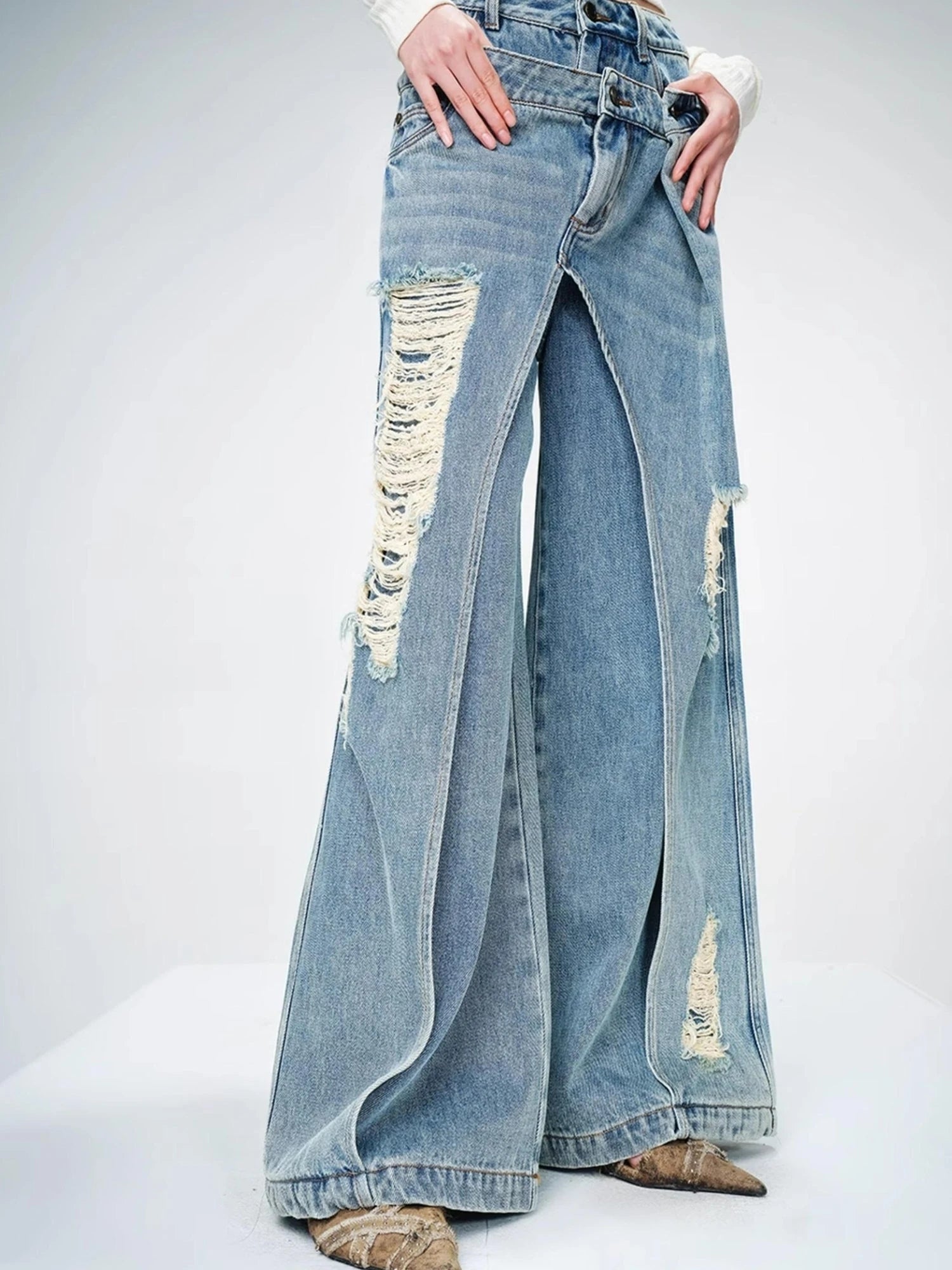 Double Layer Blue Jeans With Solemn Penetration Effect