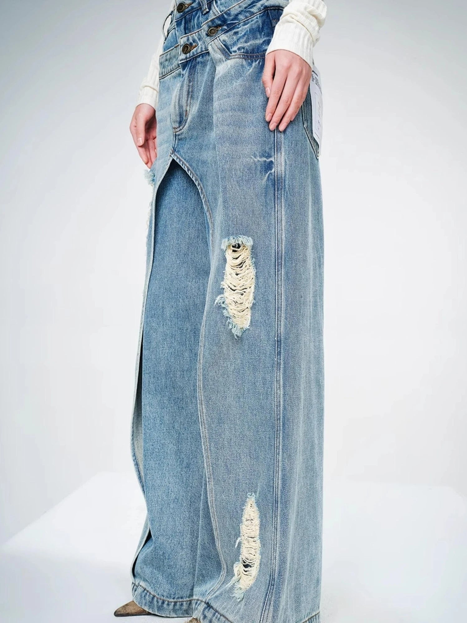 Double Layer Blue Jeans With Solemn Penetration Effect