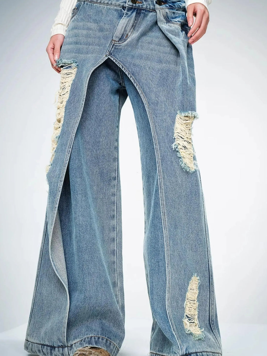 Double Layer Blue Jeans With Solemn Penetration Effect