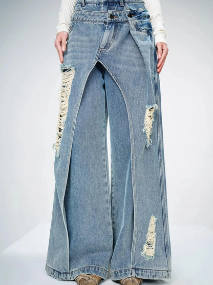 Double Layer Blue Jeans With Solemn Penetration Effect