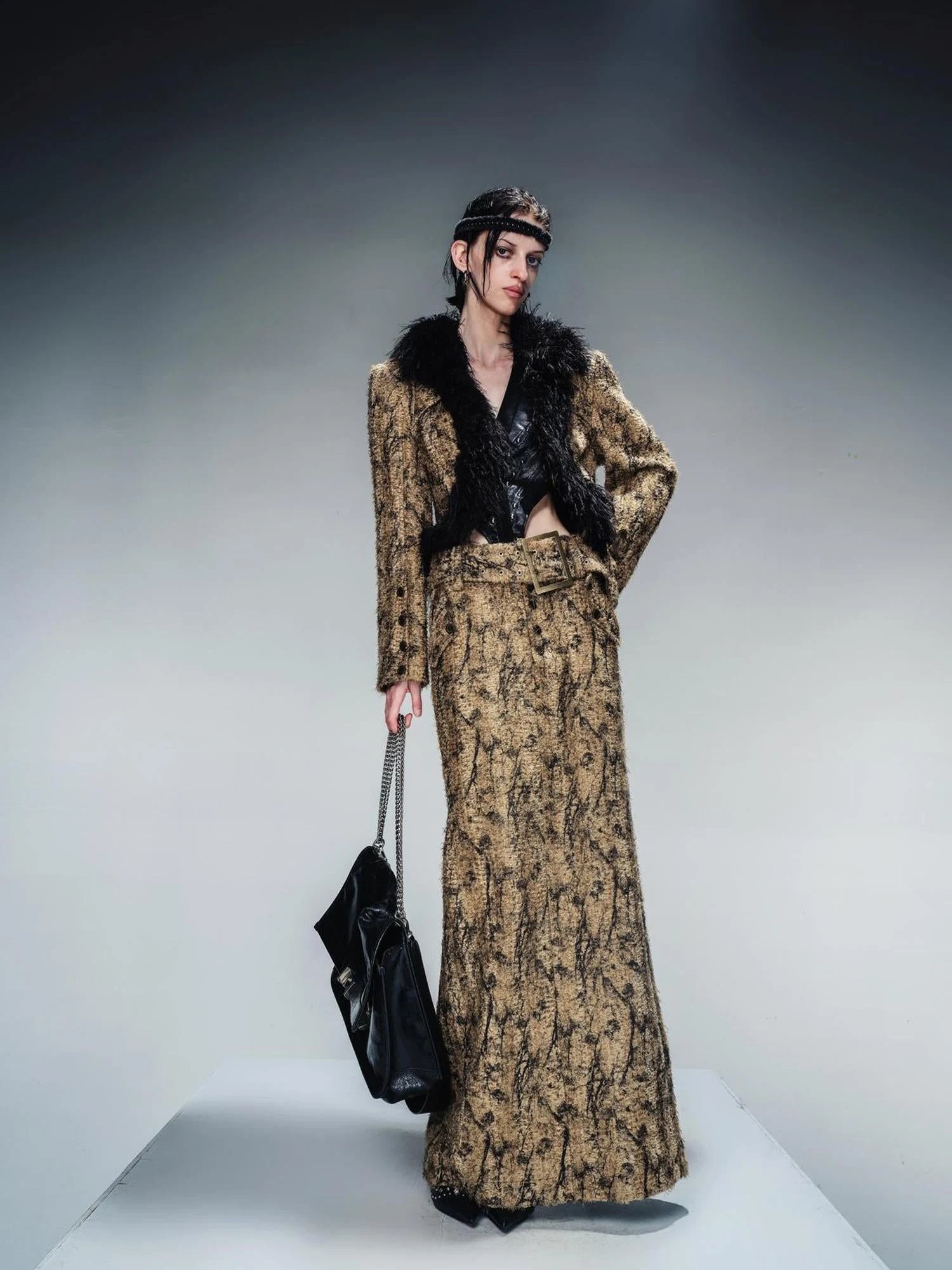 Dry Leaf Print Tweed Suit Set V-Neck T-Shirt Long-Sleeve