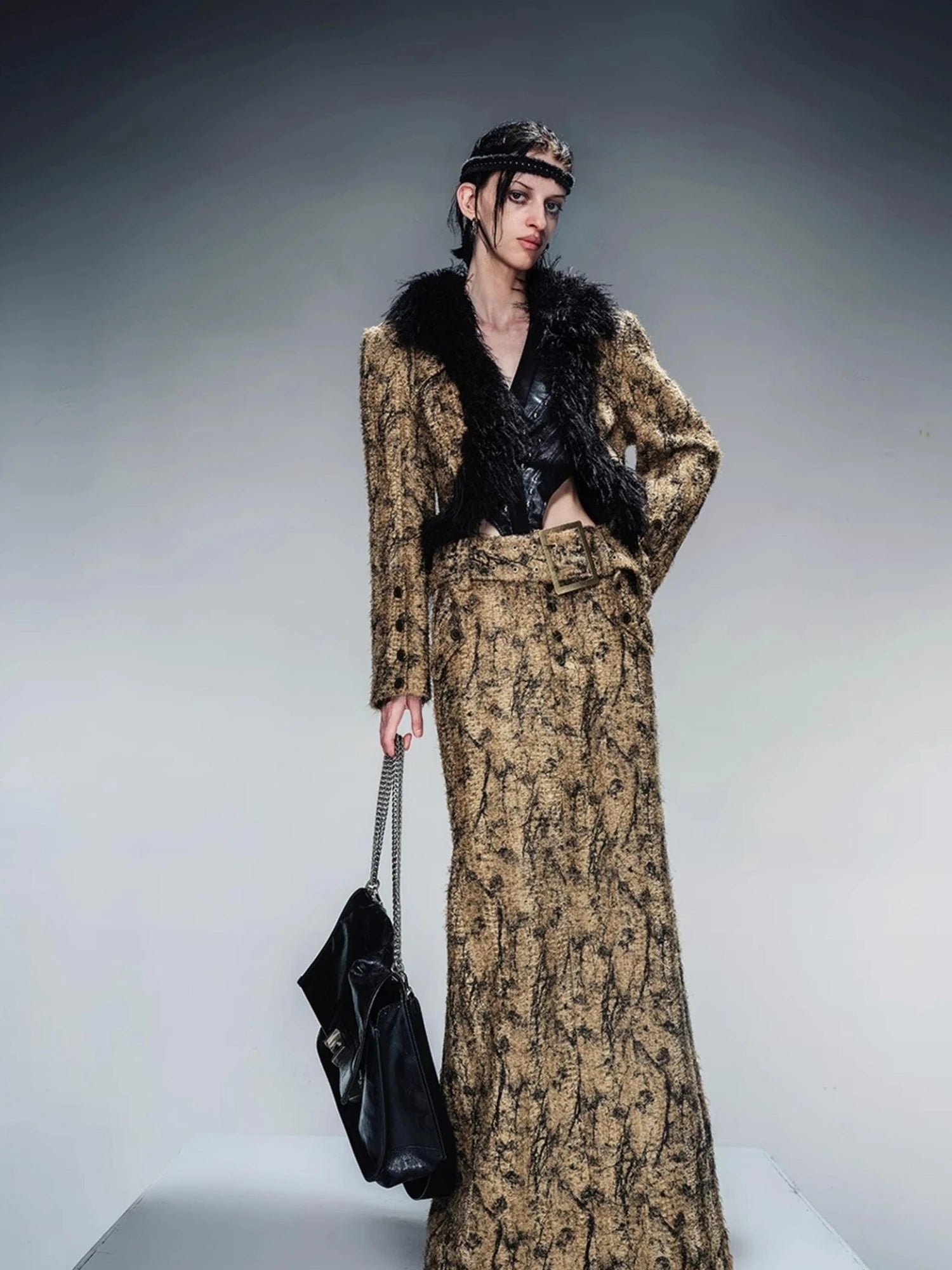 Dry Leaf Print Tweed Suit Set V-Neck T-Shirt Long-Sleeve