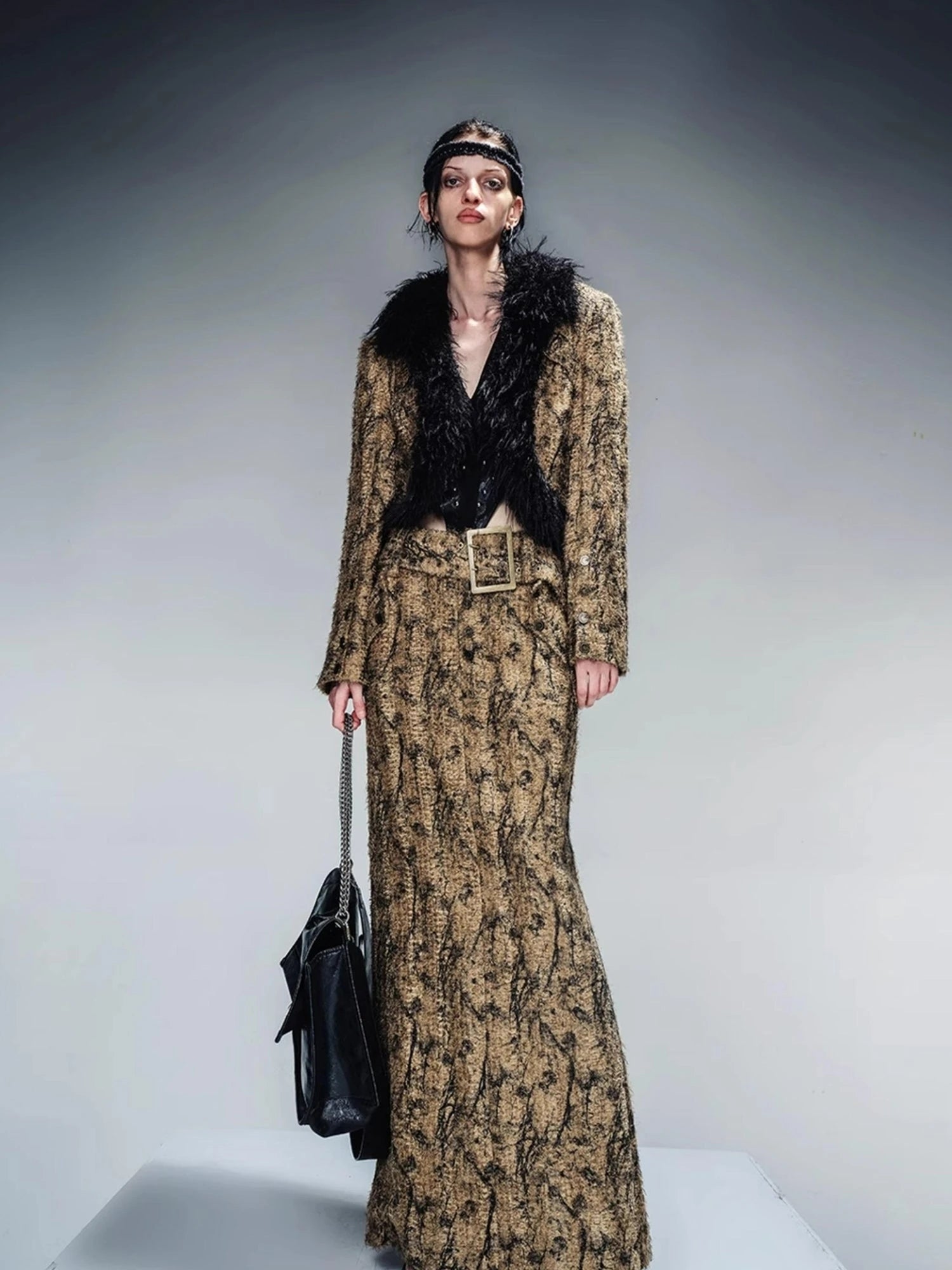 Dry Leaf Print Tweed Suit Set V-Neck T-Shirt Long-Sleeve