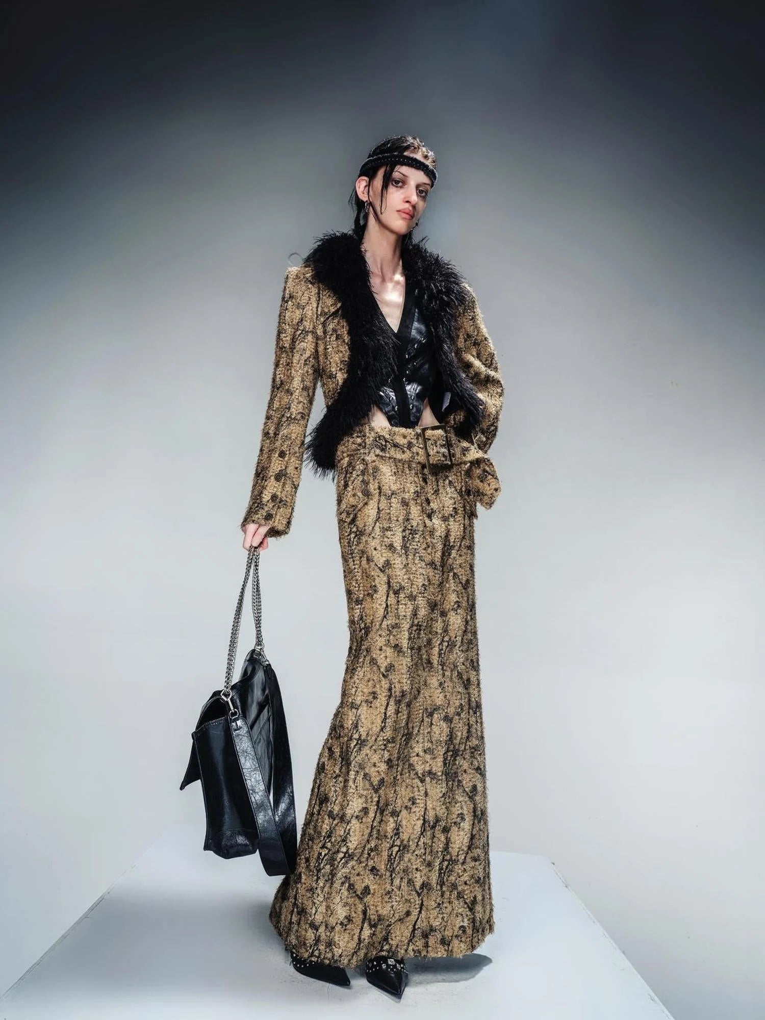 Dry Leaf Print Tweed Suit Set V-Neck T-Shirt Long-Sleeve